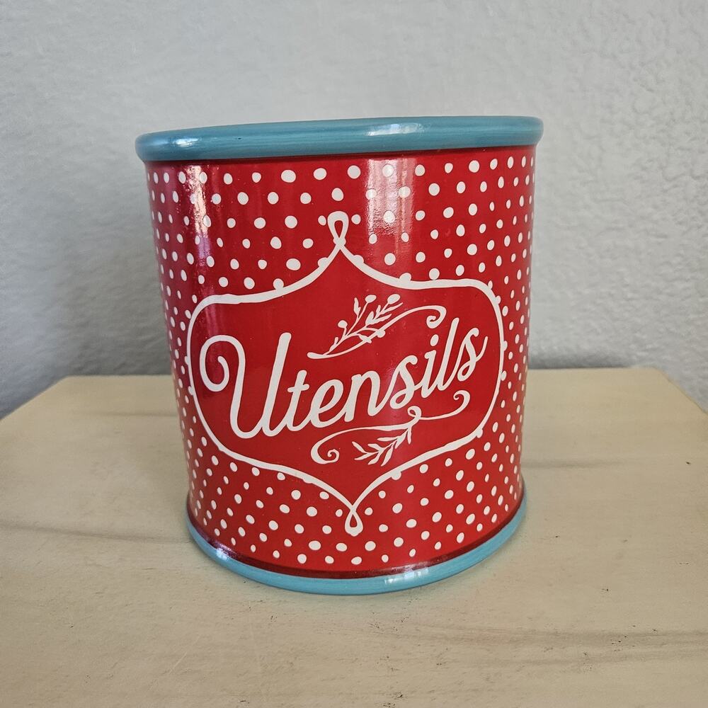 Pioneer Woman Polka Dot Utensil Crock Red/Teal Utensil Holder Stoneware 7”x 6”